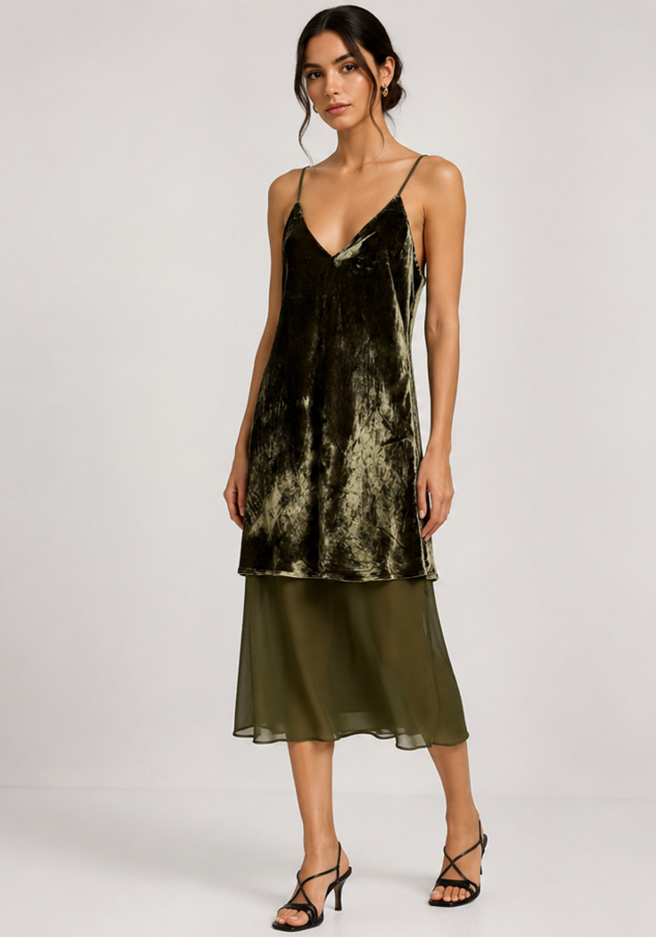 NWT Gold Hawk Dark Olive Velvet Silk Chiffon Slip Midi Dress Sz M Quiet Luxury